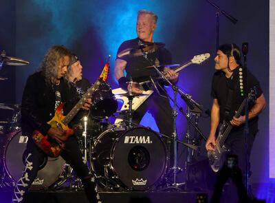 From left, guitarist Kirk Hammett, drummer Lars Ulrich, frontman James Hetfield and bassist Robert Trujillo of Metallica perform at Allegiant Stadium in 2022 in Las Vegas. Getty Images