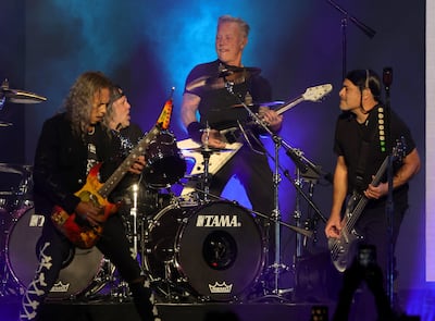 From left, guitarist Kirk Hammett, drummer Lars Ulrich, frontman James Hetfield and bassist Robert Trujillo of Metallica perform at Allegiant Stadium in 2022 in Las Vegas. Getty Images