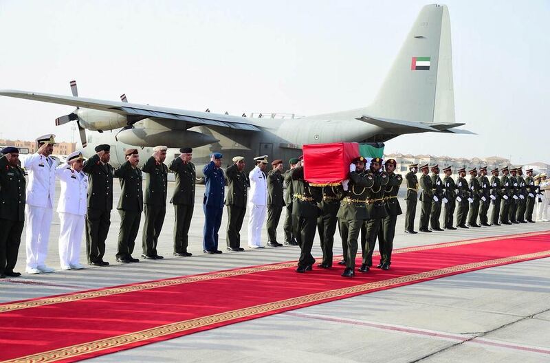 The body of Saif Youssef Ahmed Al Falasi, who was killed on duty in Yemen, is received at Al Bateen Airport in Abu Dhabi. Wam 