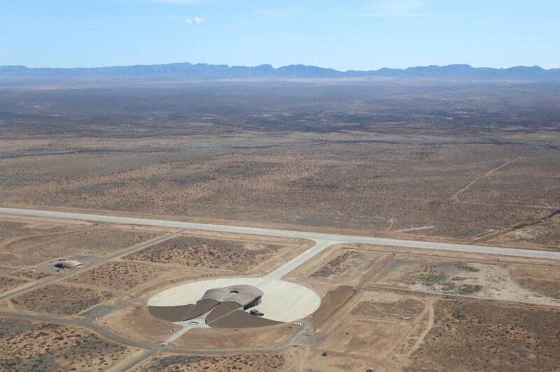 An aerial view of the horizontal launch area at Spaceport America, including the Virgin Galactic Gateway to Space, Spaceport Operations Center, Taxiway V and Spaceway 16-34. Courtesy Spaceport America