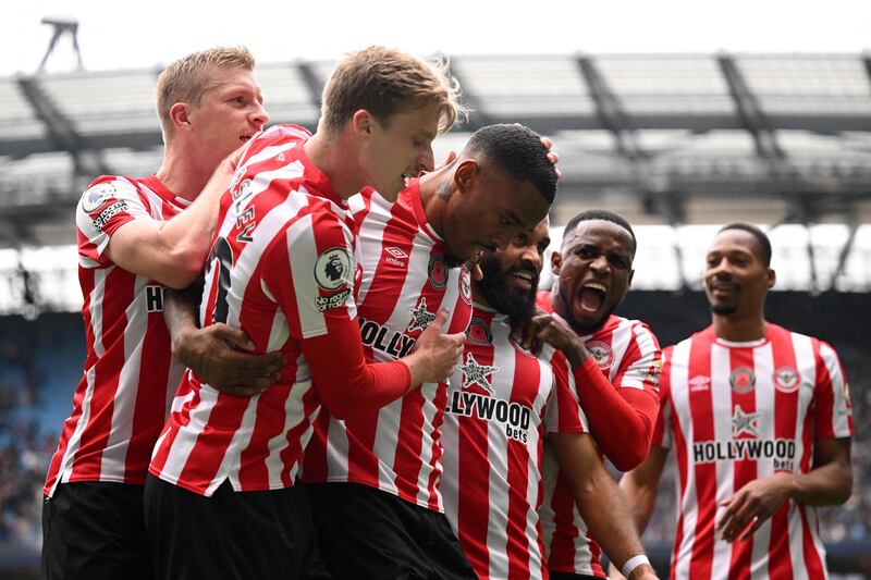 Ivan Toney celebrates heading Brentford into the lead. AFP