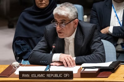 Iran's UN  Ambassador, Amir Saeid Iravani, addresses the United Nations Security Council. AP
