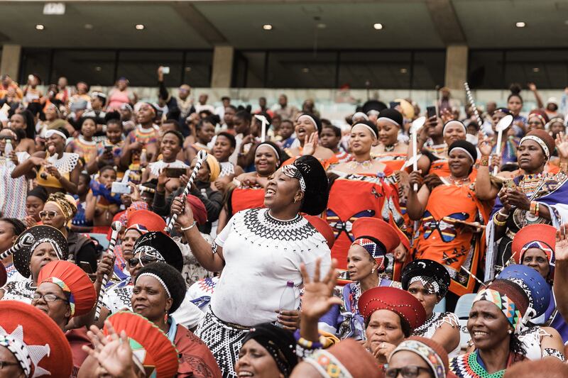 Women celebrate with ululations during King Misuzulu Zulu's coronation at the Moses Mabhida Stadium in Durban. AFP