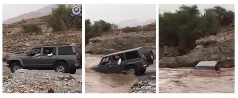 Screenshots from a video posted by Royal Oman Police on social media showing a group of four citizens trying to cross a valley in the Wadi Bani Ghafer area. Photo: Royal Oman Police