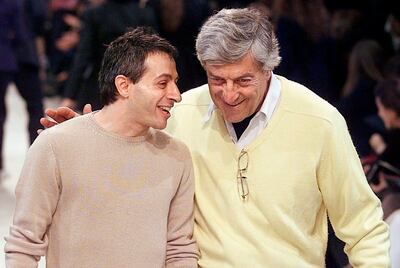 American-Greek designer Peter Speliopoulos, left, with Nino Cerruti after their autumn/winter ready-to-wear fashion show presentation in Paris in March 2001. AP 