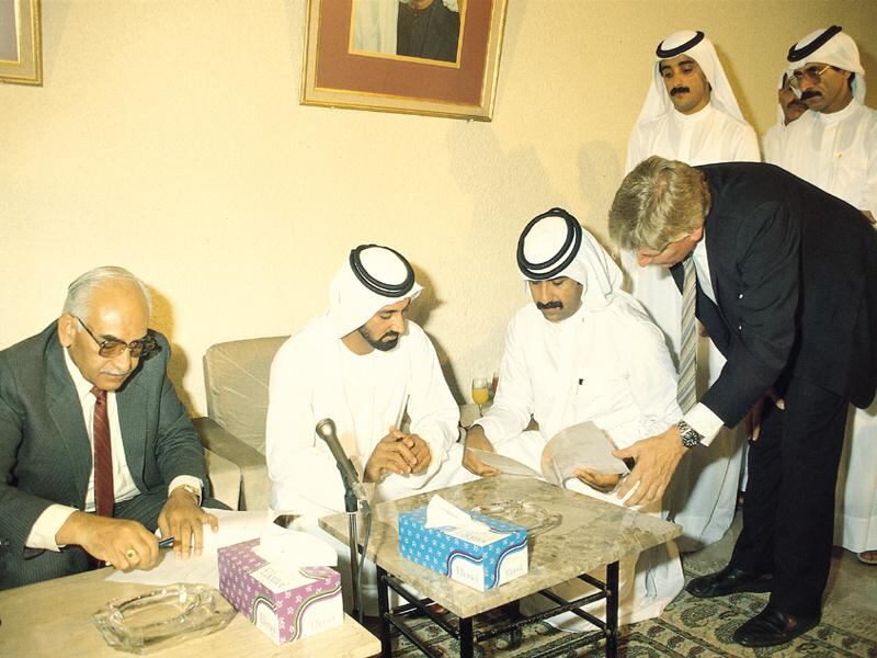 Sheikh Ahmed Al Maktoum, second from the left, became chairman of Emirates when the airline was launched. He was also appointed President of the Dubai Department of Civil Aviation in the same year. He is currently chairman and chief executive of Emirates Airline and Group. To the right is Maurice Flanagan. He moved to Dubai in 1978 to run dnata and later became managing director of Emirates airline and then of the Emirates Group. he stepped down as executive vice-chairman in 2013 and passed away earlier this year. Courtesy Emirates