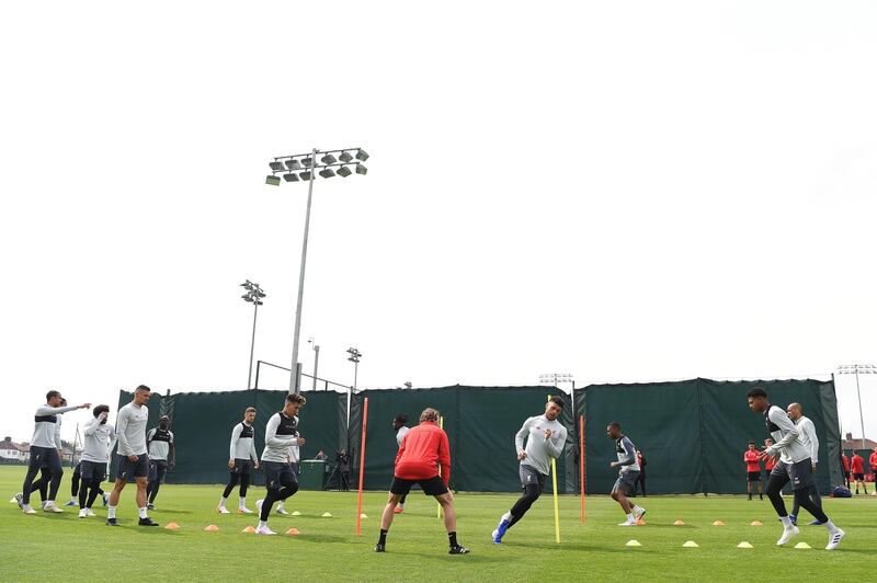 Liverpool players take part in training at Melwood ahead of Liverpool's Uefa Champions League semi-final, first leg against Barcelona. AFP