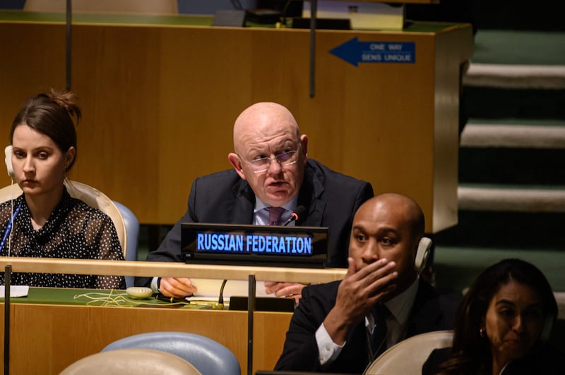 Russia's UN ambassador Vasily Nebenzya speaks during the General Assembly emergency meeting. AFP