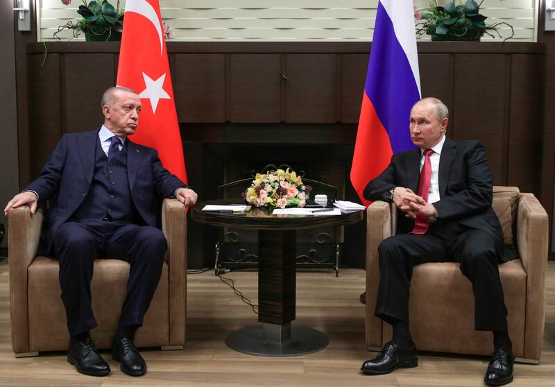 Turkish President Recep Tayyip Erdogan and Russian President Vladimir Putin meet at a Black Sea resort of Sochi, Russia, last year. AP Photo
