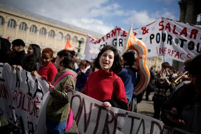High school students demonstrate outside the Pantheon monument, Thursday, March 30, 2023 in Paris. AP