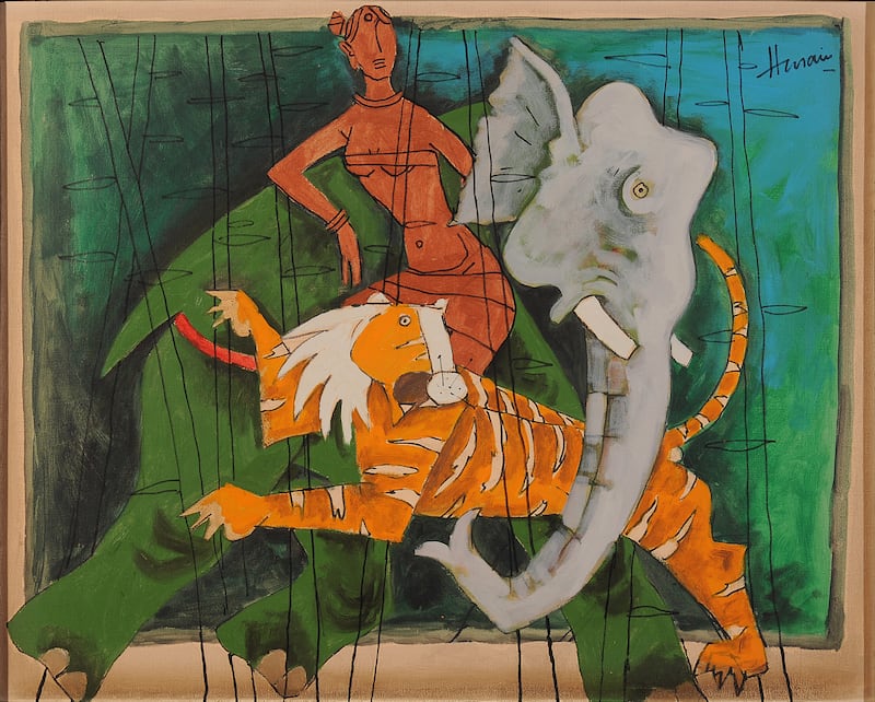 'Woman & Tiger' (1991), acrylic on canvas, 32" x 40", by MF Husain. Photo: Vadehra Gallery