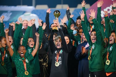 Monika Staab, the Saudi Arabia women's head coach, celebrates with her team after they finished top of a four-team Women’s International Friendly Tournament in the Eastern Province on January 20, 2023. Photo: Saudi Arabian Football Federation