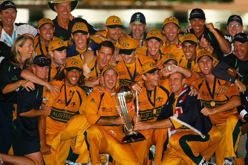 BRIDGETOWN, BARBADOS - APRIL 28:  The Australian team celebrate victory after the ICC Cricket World Cup Final between Australia and Sri Lanka at the Kensington Oval on April 28, 2007 in Bridgetown, Barbados.  (Photo by Shaun Botterill/Getty Images)