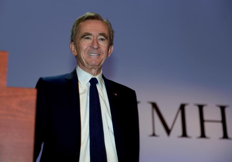 LVMH Chairman and Chief Executive, Bernard Arnault, arrives to address the presentation of the group's 2019 results at LVMH headquarters in Paris, on January 28, 2020. - French luxury goods giant LVMH posted record 2019 sales of more than 50 billion euros on January 28, 2020, and said it would strive to stretch its lead in the global market this year. (Photo by ERIC PIERMONT / AFP)