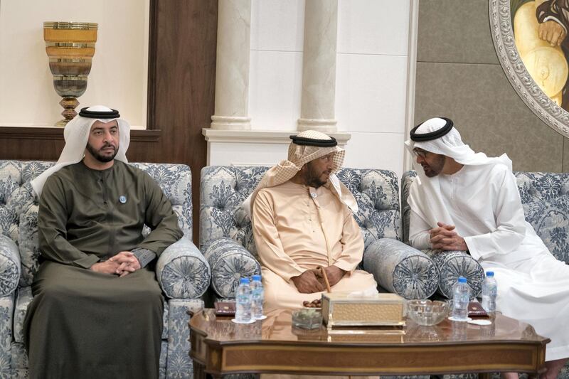 ABU DHABI, UNITED ARAB EMIRATES - January 30, 2018: (R-L) HH Sheikh Mohamed bin Zayed Al Nahyan, Crown Prince of Abu Dhabi and Deputy Supreme Commander of the UAE Armed Forces, HH Sheikh Sultan bin Zayed Al Nahyan, UAE President's Representative and HH Sheikh Hamdan bin Zayed Al Nahyan, Ruler’s Representative in Al Dhafra Region, receive mourners who are offering condolences on the passing of HH Sheikha Hessa bint Mohamed Al Nahyan, at Mushrif Palace.

( Mohamed Al Hammadi / Crown Prince Court - Abu Dhabi )
---