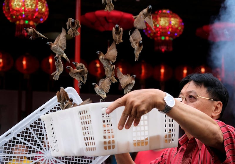 A man releases birds in Jakarta. Beawiharta / Reuters