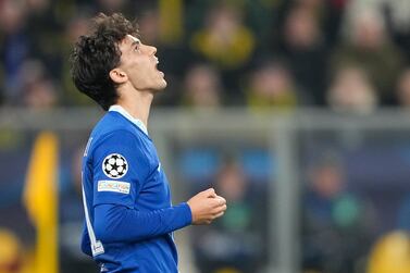 Chelsea's Joao Felix shouts after failing a ascoring chance during the Champions League, round of 16, first leg soccer match between Borussia Dortmund and Chelsea FC in Dortmund, Germany, Wednesday, Feb.  15, 2023.  (AP Photo / Martin Meissner)