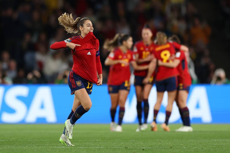 Olga Carmona of Spain celebrates after scoring her team's first goal in the Women's World Cup final at Stadium Australia in Sydney on August 20, 2023. Getty 