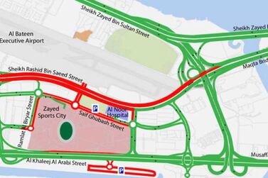 Road closures for Tuesday's public Mass by Pope Francis. Courtesy Department of Transport Abu Dhabi