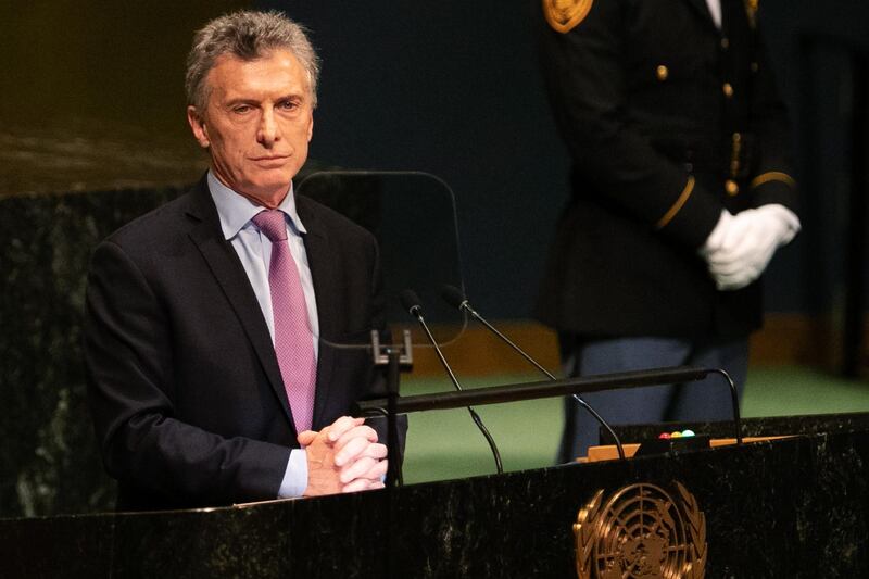 Mauricio Macri, Argentina's president, pauses while speaking during the UN General Assembly meeting in New York, US. Macri said Argentina will bring case of crimes against humanity by the "Venezuelan dictatorship" to the International Criminal Court. Bloomberg