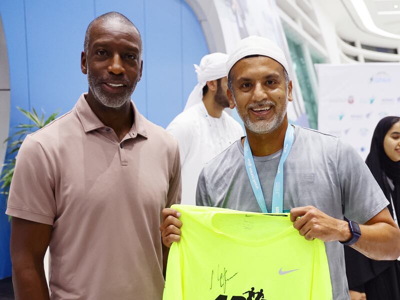 Michael Johnson with Talal Al Hashemi, Abu Dhabi Sports Council’s executive director of Sports Development sector during the ISPAH Congress fitness program. Photo: Abu Dhabi Sports Council
