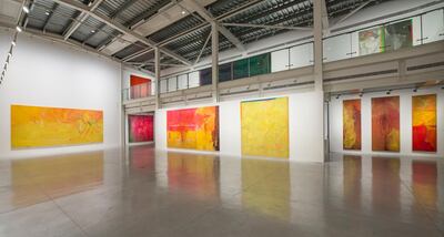 Installation view of the paintings Frank Bowling made while in New York in the 1960s and 70s, now on at Sharjah Art Foundation 