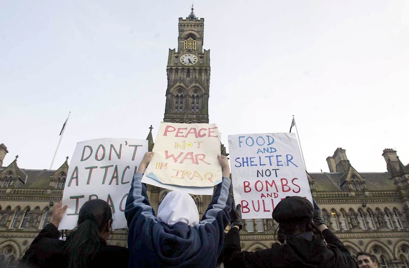Anti-war protesters gather in Bradford, northern England, to protest against the war in Iraq in 2003. PA