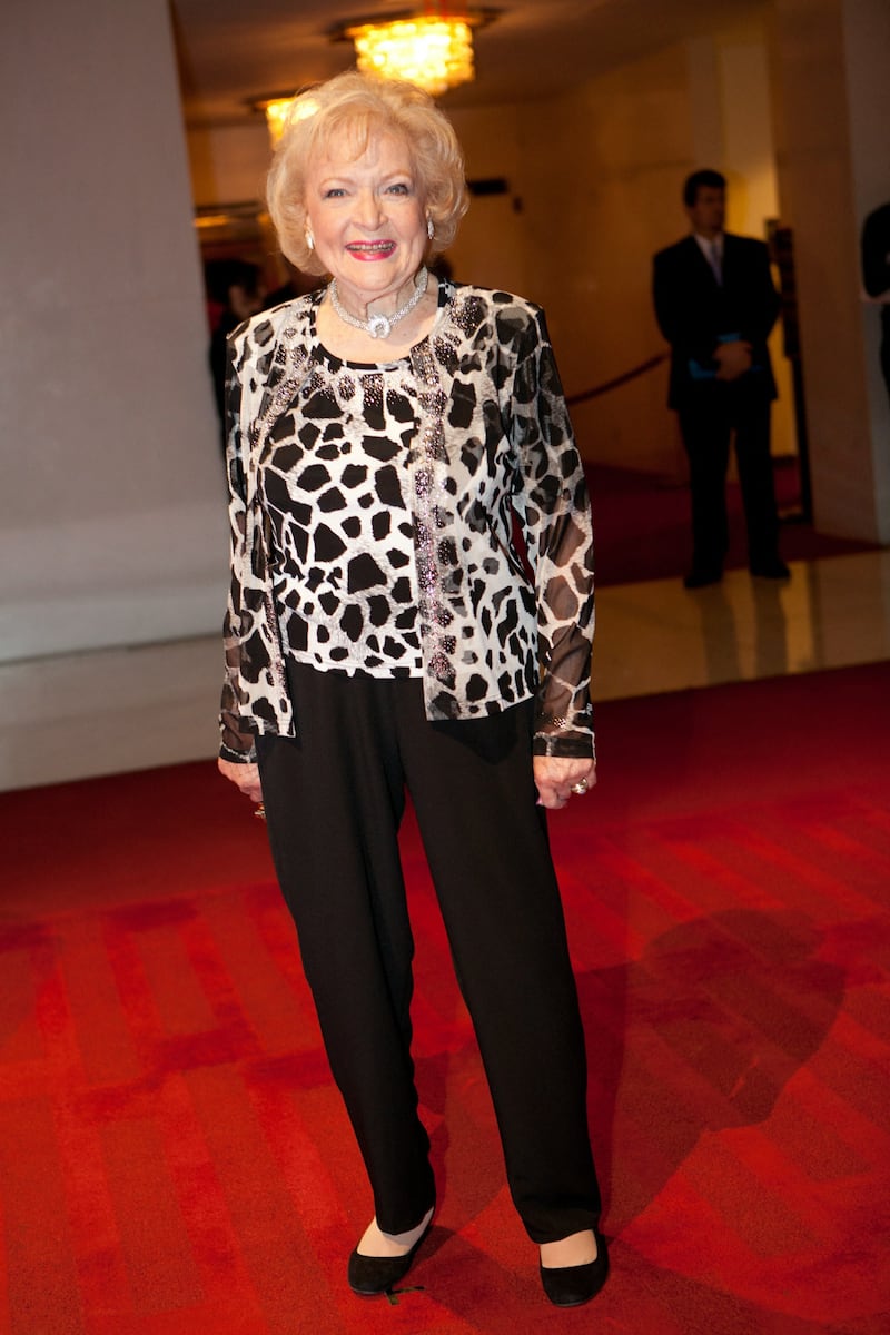 Betty White, in an animal print two-piece, arrives for the 12th Mark Twain Prize for American Comedy at the Kennedy Centre on November 9, 2010, in Washington. Getty Images