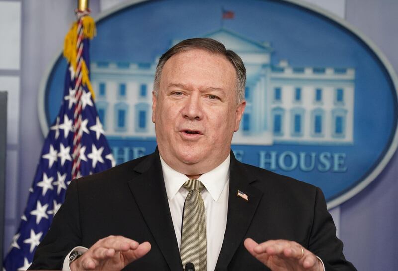 U.S.  Secretary of State Mike Pompeo addresses the daily coronavirus task force briefing at the White House in Washington, U.S., April 8, 2020. REUTERS/Kevin Lamarque