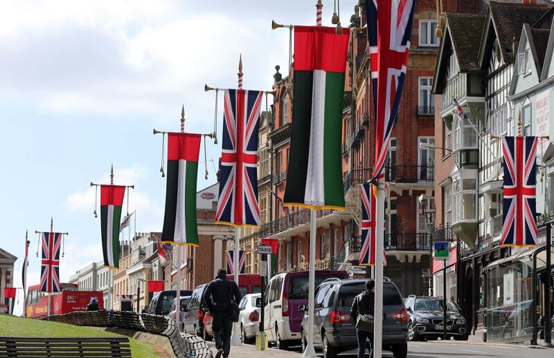 WINDSOR, UK Monday 29th April 2013. UAE flags line Windsor High Street today (monday) in readiness for  President Khalifa's state carriage procession with The Queen and The Duke of Edinburgh ,Tuesday 30th April. Stephen Lock for The National
