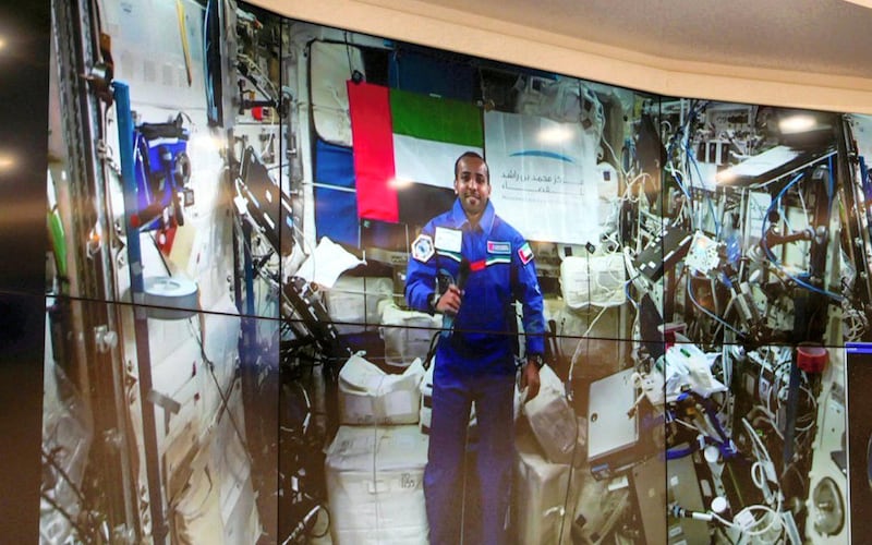 Emirati astronaut Hazza Al Mansouri, during a live satellite feed from the International Space Station. Courtesy Dubai Media Office