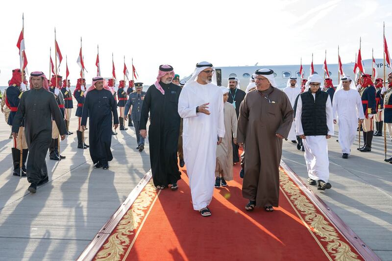 Sheikh Khaled bin Mohamed, Crown Prince of Abu Dhabi, was greeted by Prince Salman bin Hamad, Crown Prince of Bahrain, in Manama. Wam