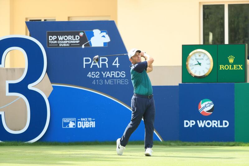 DUBAI, UNITED ARAB EMIRATES - NOVEMBER 17:  Francesco Molinari of Italy tees off on the 3rd hole during day three of the DP World Tour Championship at Jumeirah Golf Estates on November 17, 2018 in Dubai, United Arab Emirates.  (Photo by Andrew Redington/Getty Images)