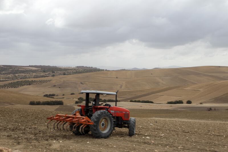 A farmer fertilises his field with a tractor in Toukeber, Beja amid a drought