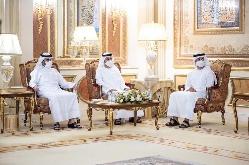 SHARJAH, UNITED ARAB EMIRATES - May 14, 2021: (R-L) HH Sheikh Hamdan bin Mohamed bin Zayed Al Nahyan, HH Sheikh Mohamed bin Hamad bin Tahnoon Al Nahyan and HH Sheikh Khalid bin Abdullah Al Qassimi, exchange Eid greetings.

( Rashed Al Mansoori / Ministry of Presidential Affairs )
---