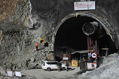 The entrance of the under-construction Silkyara road tunnel, where rescue efforts to reach the trapped workers continue. AFP