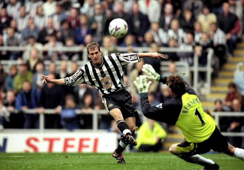 26 Sep 1998:  Paul Dalglish of Newcastle United shoots over and wide of the goal during the FA Carling Premiership match against Nottingham Forest played at St James's Park in Newcastle, England.  The match finished in a 2-0 victory for Newcastle United.\ Mandatory Credit: Shaun Botterill /Allsport
