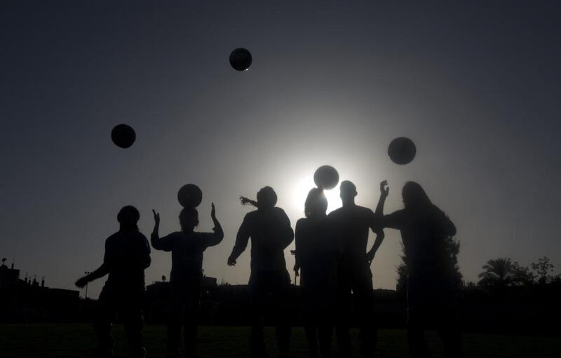 Palestinian girls tarining at the Beit Lahia football club in the northern Gaza strip as part of an after-school sport program funded by the Palestine Association for Children’s Encouragement of Sports. Mahmud Hams / AFP 