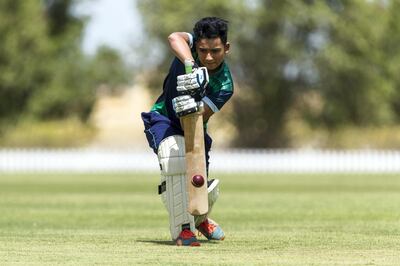 Abu Dhabi, United Arab Emirates, August 25, 2017:     Huzaifah Khan, 17, at the cricket councilÕs nursery oval in the Khalifa City area of Abu Dhabi on August 25, 2017. Khan and his brother, are products of the Zayed Cricket Academy, and both have goals of landing on university squads in the United Kingdom. Christopher Pike / The National

Reporter: Amith Passela
Section: Sport