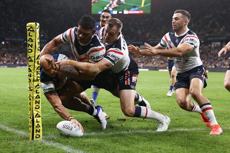Parramatta Eels' Blake Ferguson scores a try in the NRL match against Sydney Roosters at Bankwest Stadium, on Friday May 7. The Eels won the game 31-18. Getty
