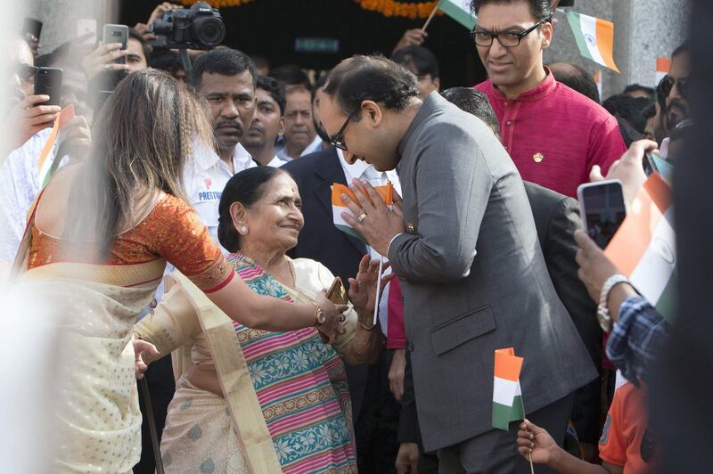 Dubai, United Arab Emirates, Cosul General Vipul greetings Anandi Ben during the celebration of the Independence day of India at Indian Consulate in Dubai.  Ruel Pableo for The National for Anna's story