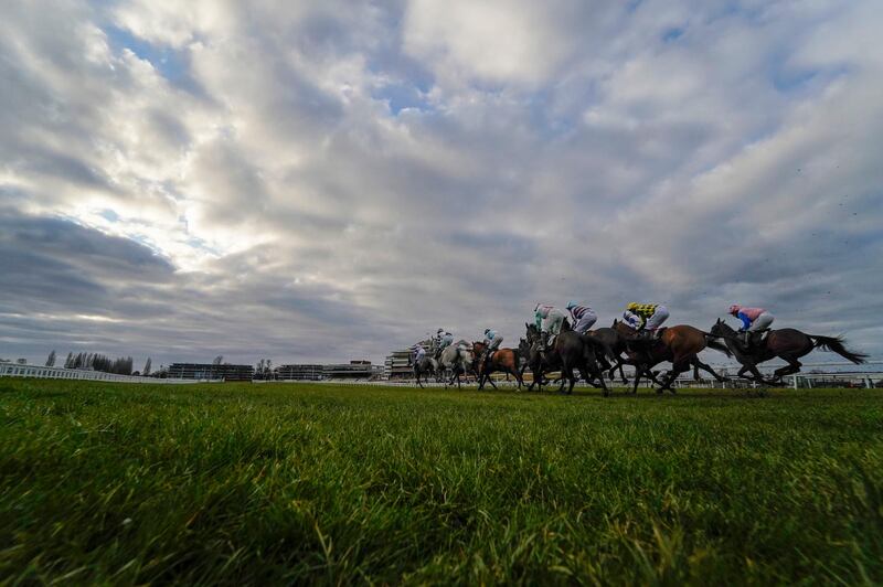 Runners and riders during the Highclere Thoroughbred Racing Mares' Standard Open NH Flat Race at Newbury Racecourse in England on Friday, March 5. PA