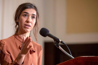 WASHINGTON, DC - OCTOBER 08: Nadia Murad, a 24-year-old Yazidi woman and co-recipient of the 2018 Nobel Peace Prize, speaks at the National Press Club on October 8, 2018 in Washington, DC. Murad is the founder of Nadia's Initiative, a foundation "supporting women and minorities through the redevelopment and stabilization of communities in crisis." (Photo by Tasos Katopodis/Getty Images)