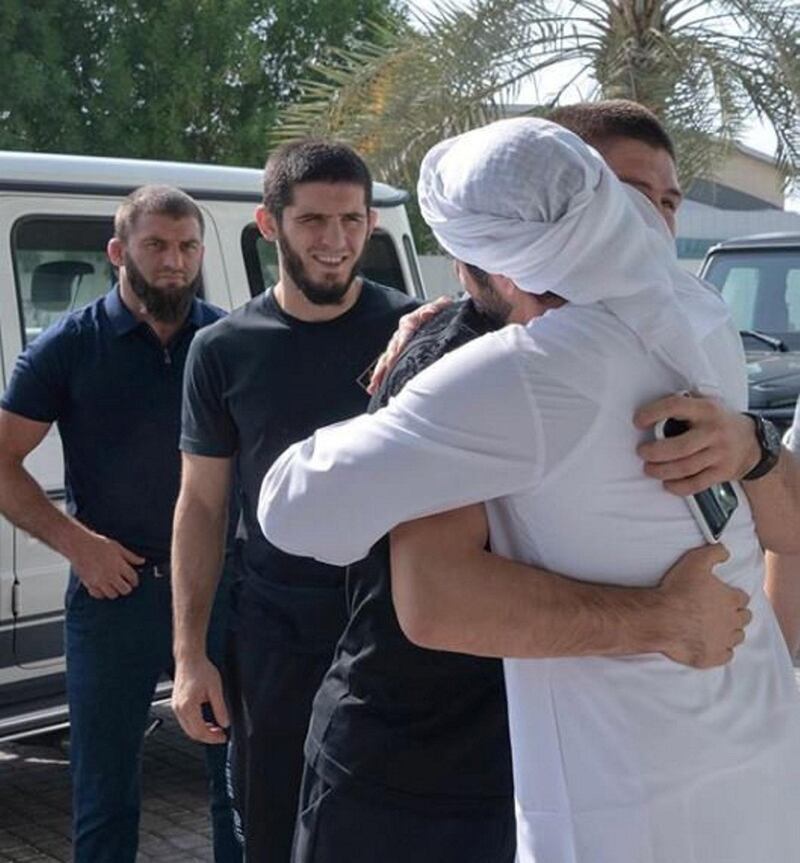 Shiekh Hamdan embraces UFC champion Khabib Nurmagomedov upon arrival with his entourage to visit the crown prince of Dubai.