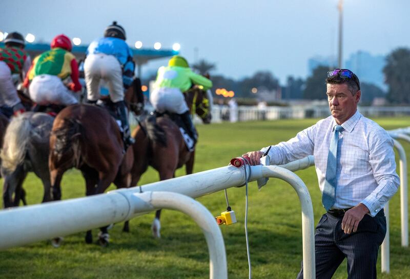 Abu Dhabi, United Arab Emirates, March 8, 2020.  14th Race Meeting, Abu Dhabi Equestrian Club.
Official Starter, Shane Ryan at the gates.
Victor Besa / The National
Section:  Sports
Reporter;  Amith Passela