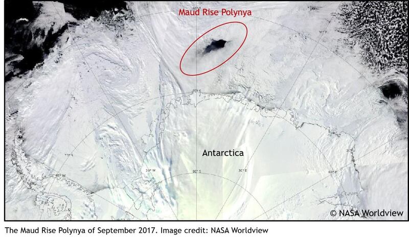 Polynya is a geographical term that is used to describe an area of unfrozen water surrounded by a large area of sea ice. Researchers at the NYU Abu Dhabi Institute have discovered an atmospheric trigger for the occurrence of the Maud-Rise Polynya that appeared in September 2017 in the Lazarev Sea. Courtesy: NYUAD