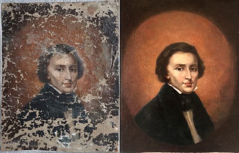 Two images show a portrait of Polish composer Frederic Chopin before and after restoration.  AP