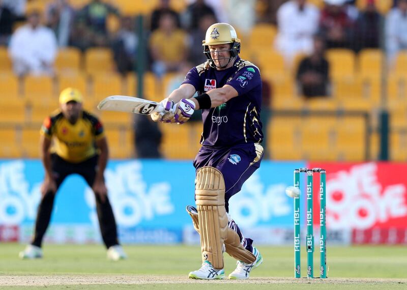 Abu Dhabi, United Arab Emirates - March 04, 2019: Quetta Gladiators' Shane Watson bats during the match between Peshawar Zalmi and Quetta Gladiators in the Pakistan Super League. Monday the 4th of March 2019 at Zayed Cricket Stadium, Abu Dhabi. Chris Whiteoak / The National