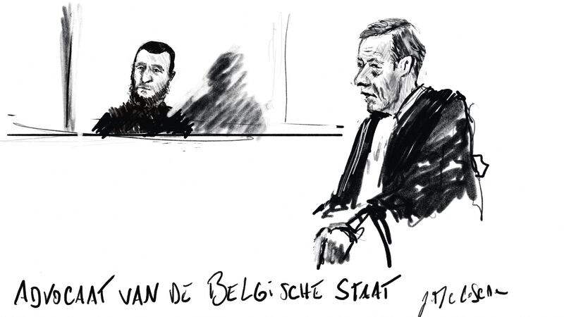 A court sketch of Salah Abdeslam, left, and lawyer Bernard Renson, representing the Belgian state, in court near Brussels AFP