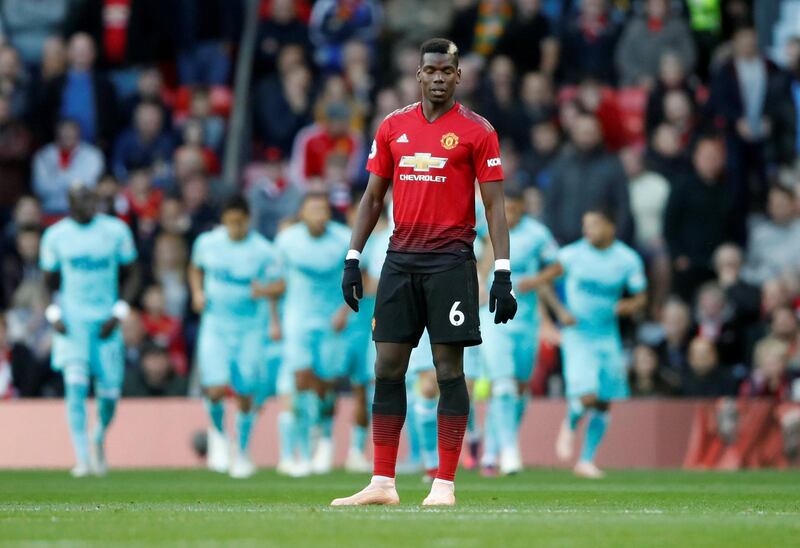 Manchester United's Paul Pogba looks dejected after Newcastle United's first goal. Reuters